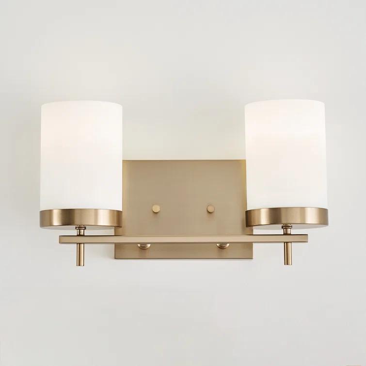 Zire Elegant 2-Light Vanity Fixture in Satin Brass with Etched Glass