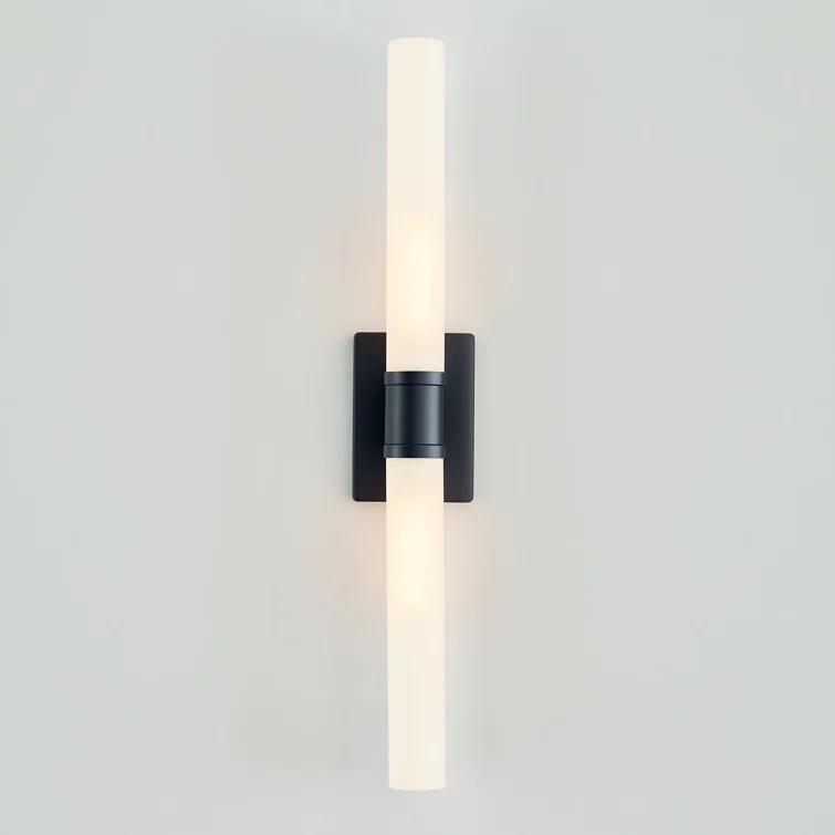 Midnight Black Two-Light Cylinder Wall Sconce with Satin Etched Glass