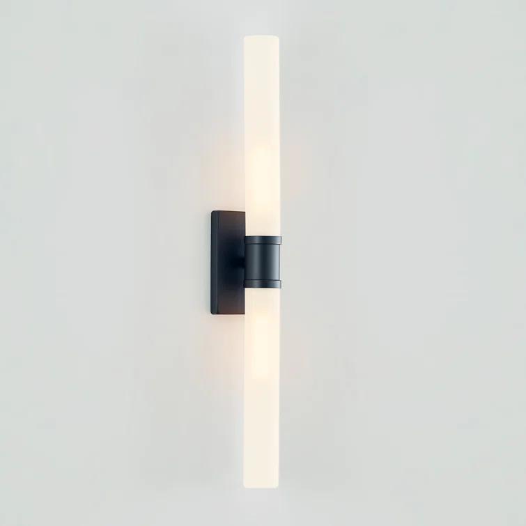 Midnight Black Two-Light Cylinder Wall Sconce with Satin Etched Glass