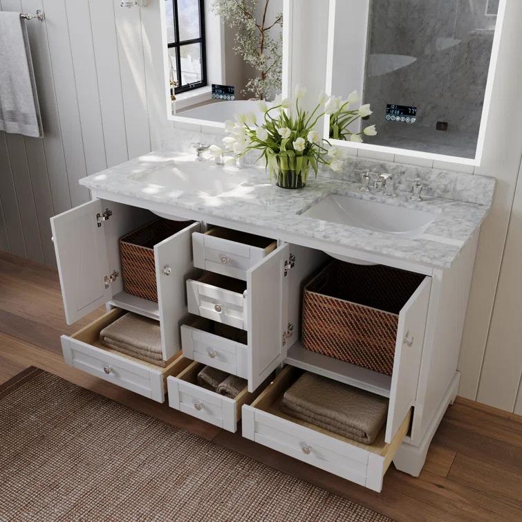 Audrey 60 in. Bath Vanity Set in White with Italian Carrara White Marble Vanity top and White Undermount Basin