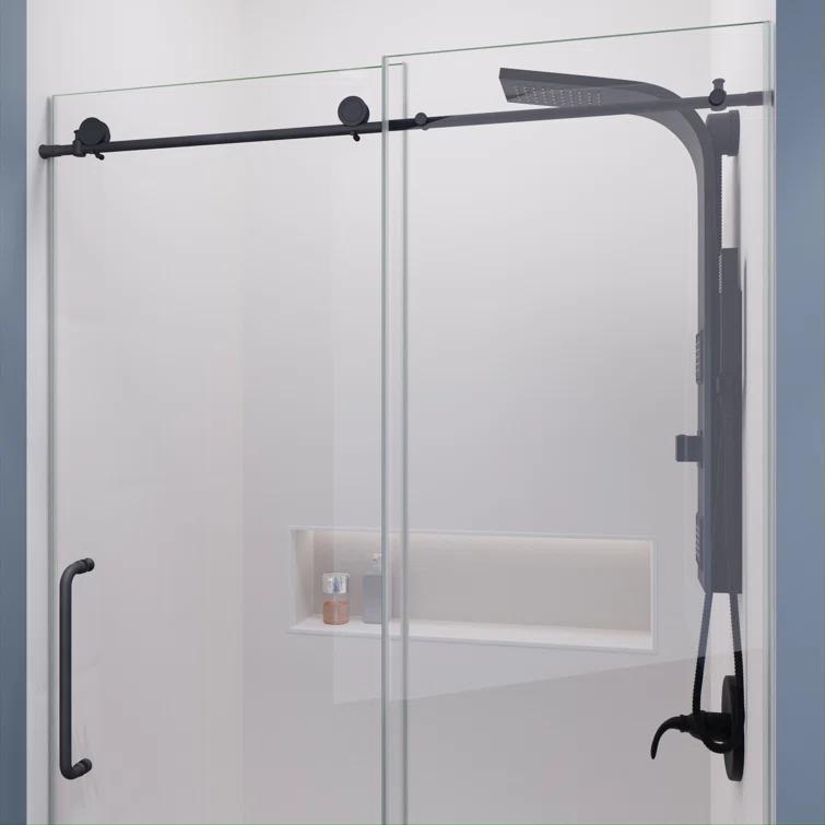 Madam Series 48 In. By 76 In. Frameless Sliding Shower Door In Gunmetal With Clear Tempered Glass And Tsunami Guard