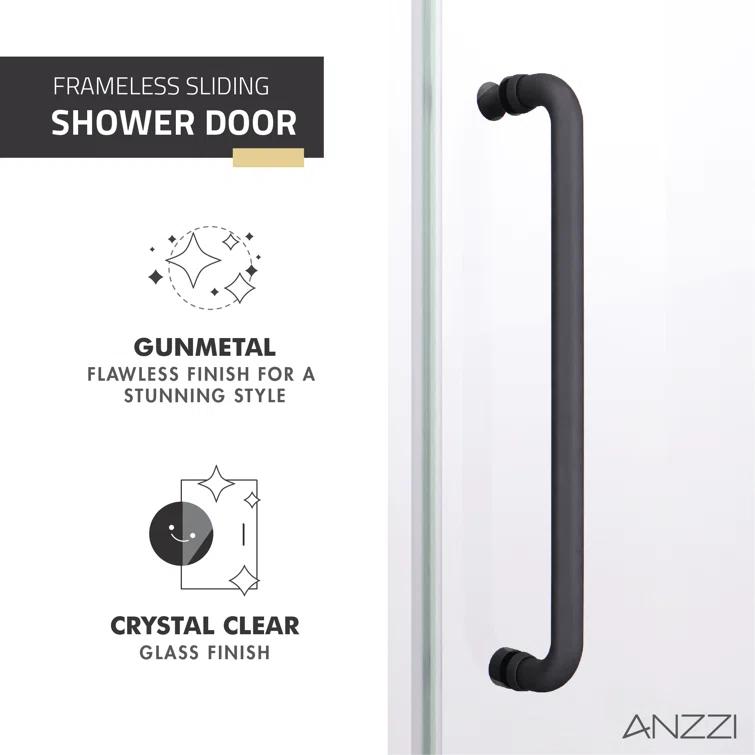Madam Series 48 In. By 76 In. Frameless Sliding Shower Door In Gunmetal With Clear Tempered Glass And Tsunami Guard