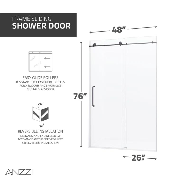 Madam Series 48 In. By 76 In. Frameless Sliding Shower Door In Gunmetal With Clear Tempered Glass And Tsunami Guard
