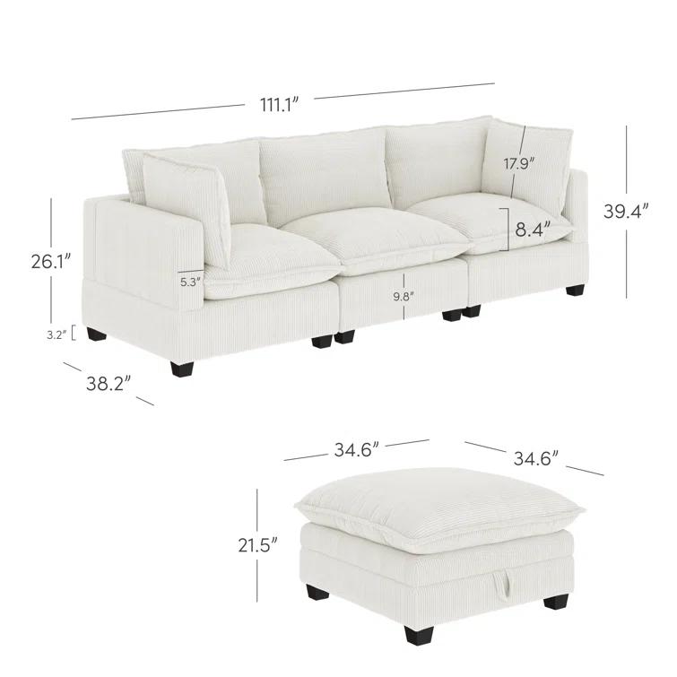Hokku Designs Somerdale Modern Upholstered Cloud 3-Seater Sofa & Ottoman