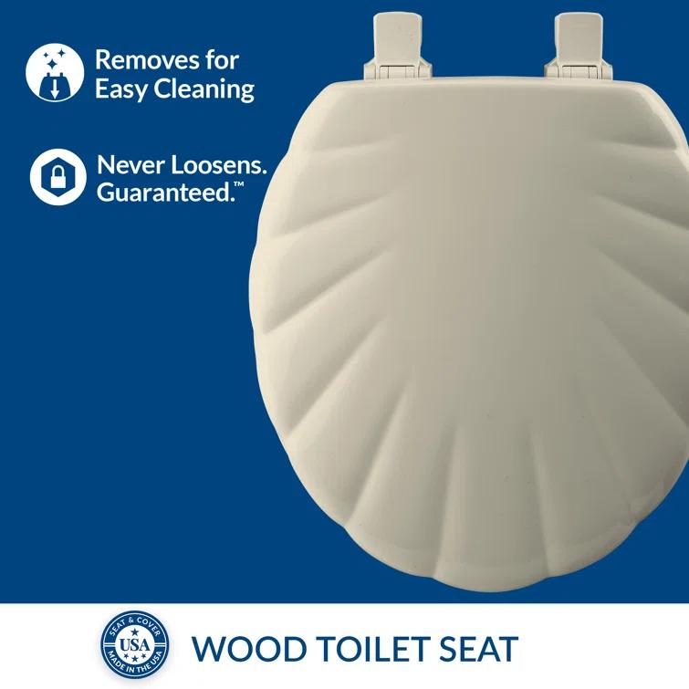 Shell Sculptured Wood Toilet Seat, Easily Removes for Cleaning, Hinges Never Loosen, Round
