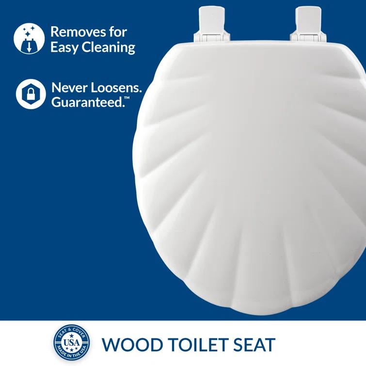 Shell Sculptured Wood Toilet Seat, Easily Removes for Cleaning, Hinges Never Loosen, Round