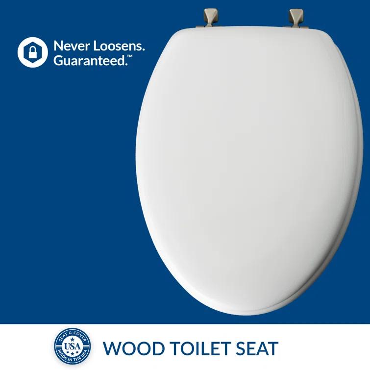 Edgewater Wood Toilet Seat with Hinges, Never Comes Loose, ELONGATED, White