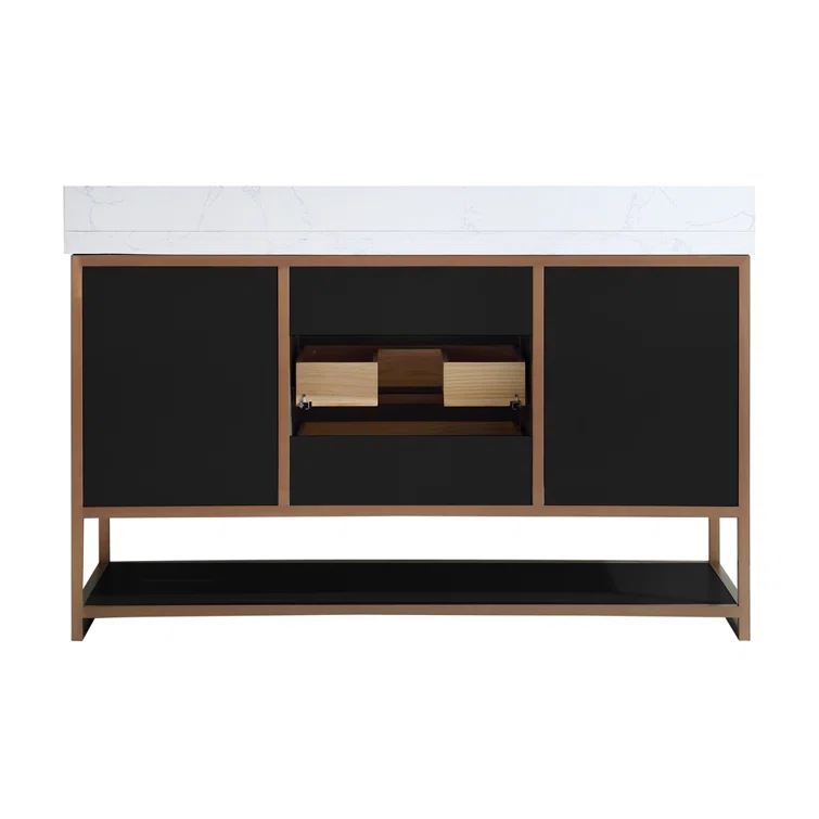 60" SINGLE VANITY WITH GOLDEN BRUSH STAINLESS STEEL FRAME AND TRICORN BLACK FINISH WITH 2 THICK WHITE NATUAL STONE TOP