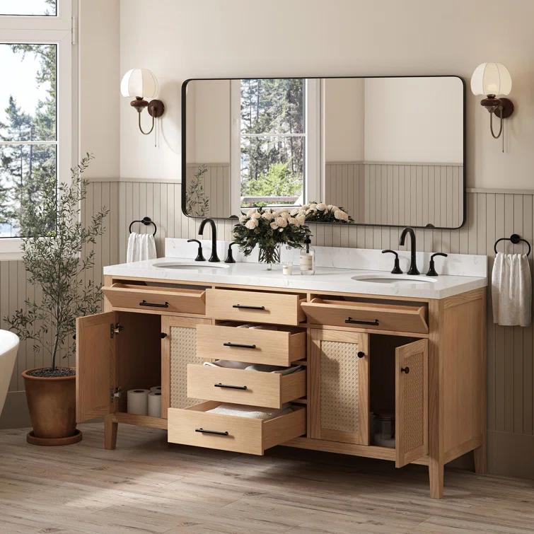 Camila 72 in. W x 22 in. D x 36 in. H Double Oval Sink Bath Vanity in White Oak with Carrara White Quartz Top