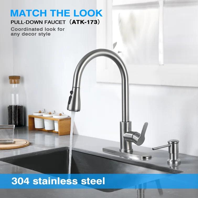 maiguoone ATKW-4047-173 Stainless Steel Single-Handle Pull-Down Sprayer Kitchen Faucet with Soap Dispenser in Brushed Nickel