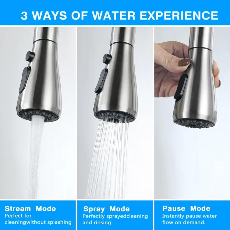 maiguoone ATKW-4047-173 Stainless Steel Single-Handle Pull-Down Sprayer Kitchen Faucet with Soap Dispenser in Brushed Nickel