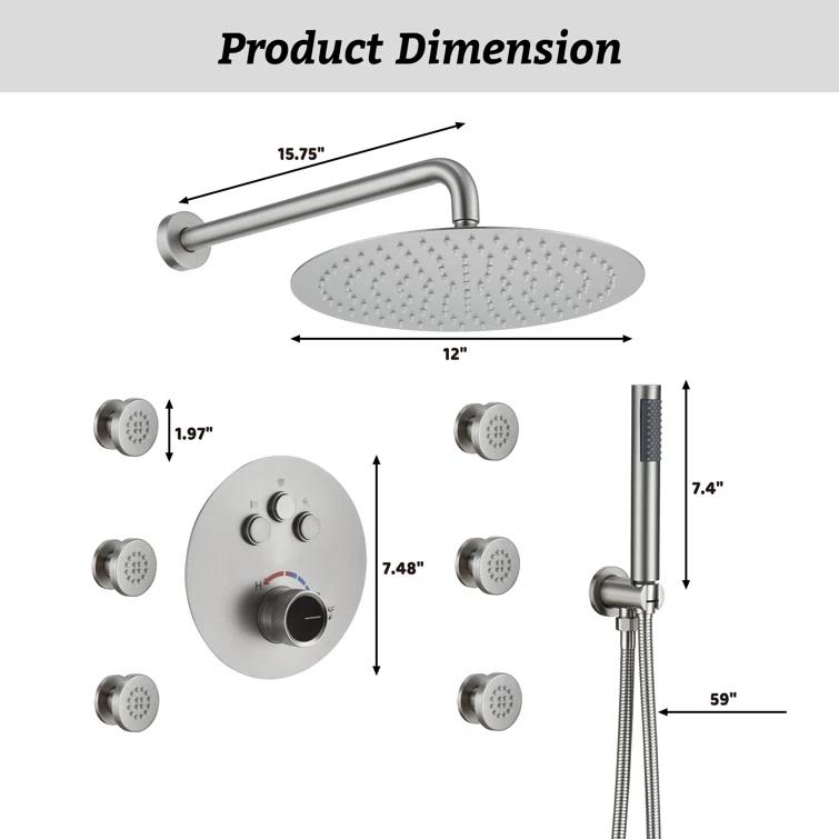 Wall Mounted Thermostatic Complete Rainfall Shower System with 6 Body Jets and Rough-in Valve