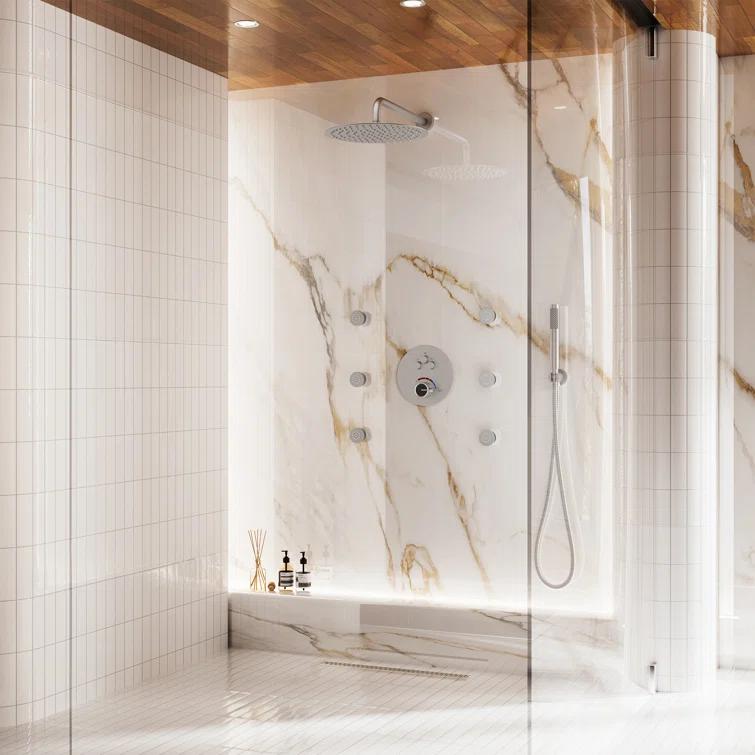 Wall Mounted Thermostatic Complete Rainfall Shower System with 6 Body Jets and Rough-in Valve