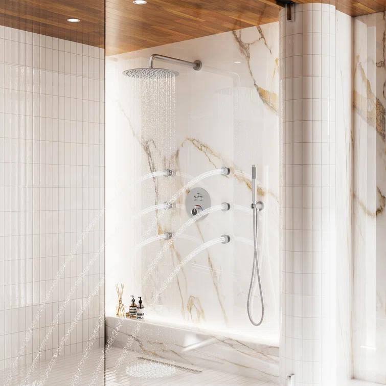 Wall Mounted Thermostatic Complete Rainfall Shower System with 6 Body Jets and Rough-in Valve