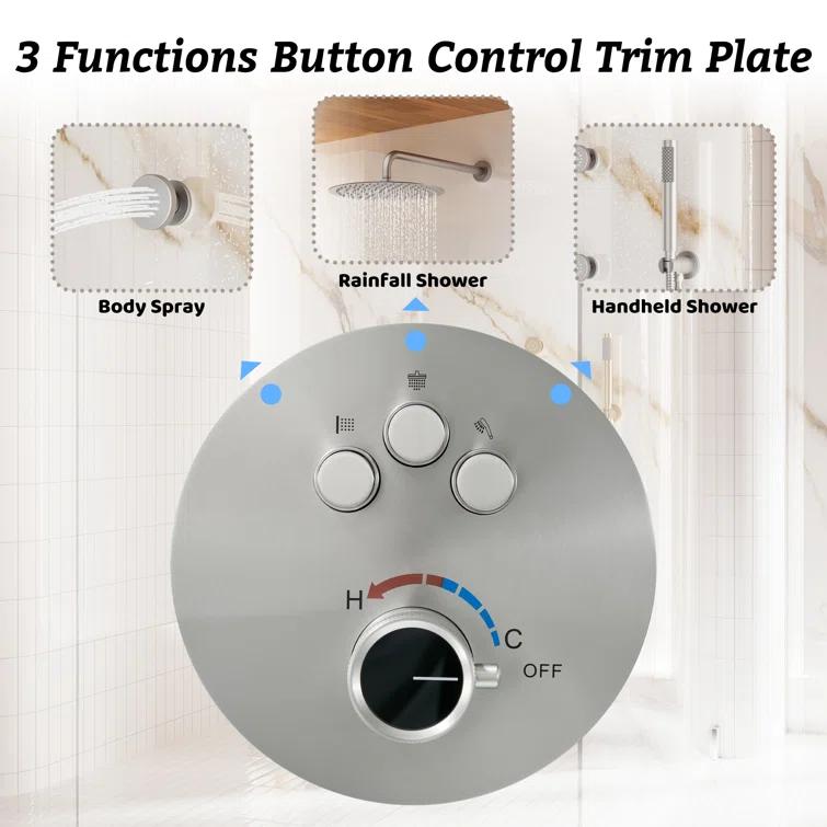 Wall Mounted Thermostatic Complete Rainfall Shower System with 6 Body Jets and Rough-in Valve
