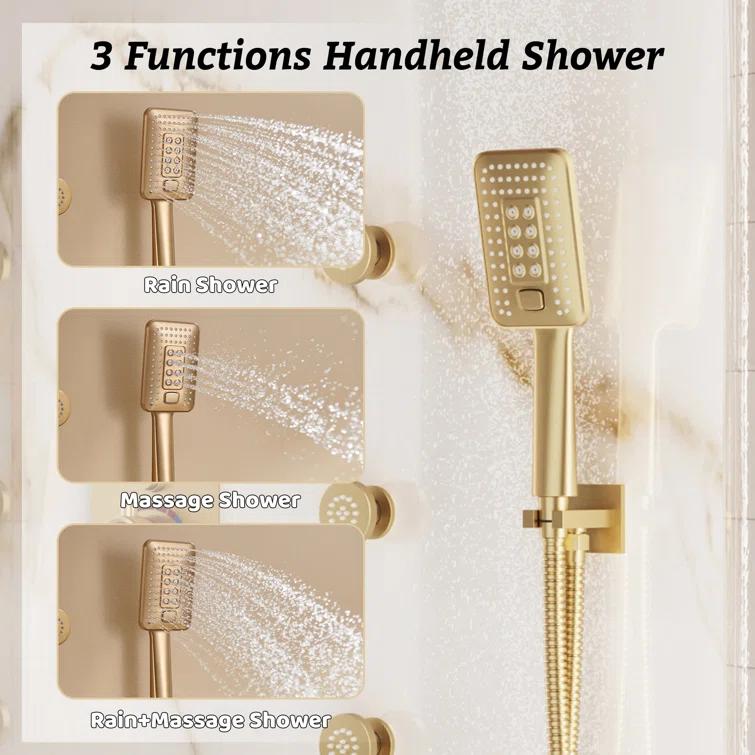 CASAINC 4-Function Wall Mounted Thermostatic Complete Shower System with 6 Body Jets and Rough-in Valve CS6855-22BG