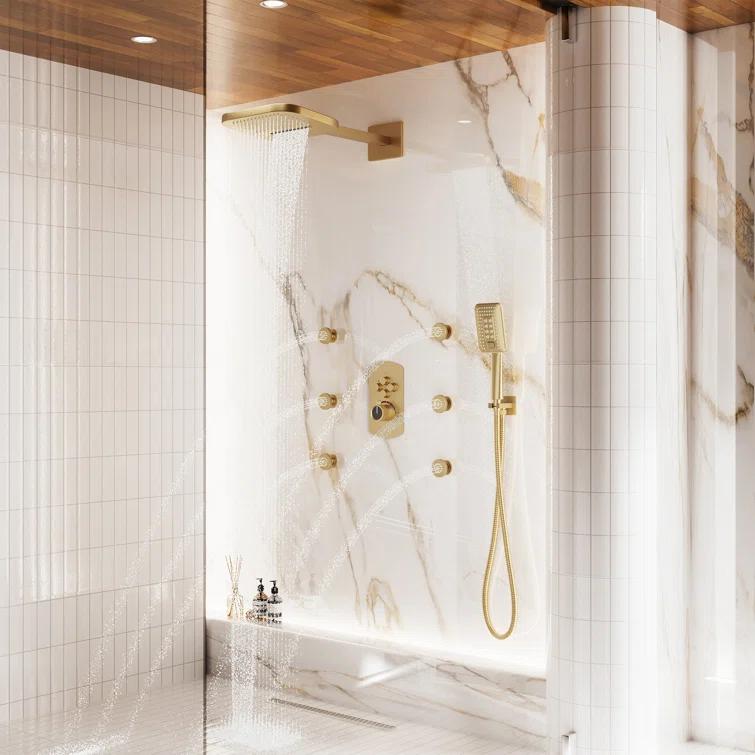 CASAINC 4-Function Wall Mounted Thermostatic Complete Shower System with 6 Body Jets and Rough-in Valve CS6855-22BG