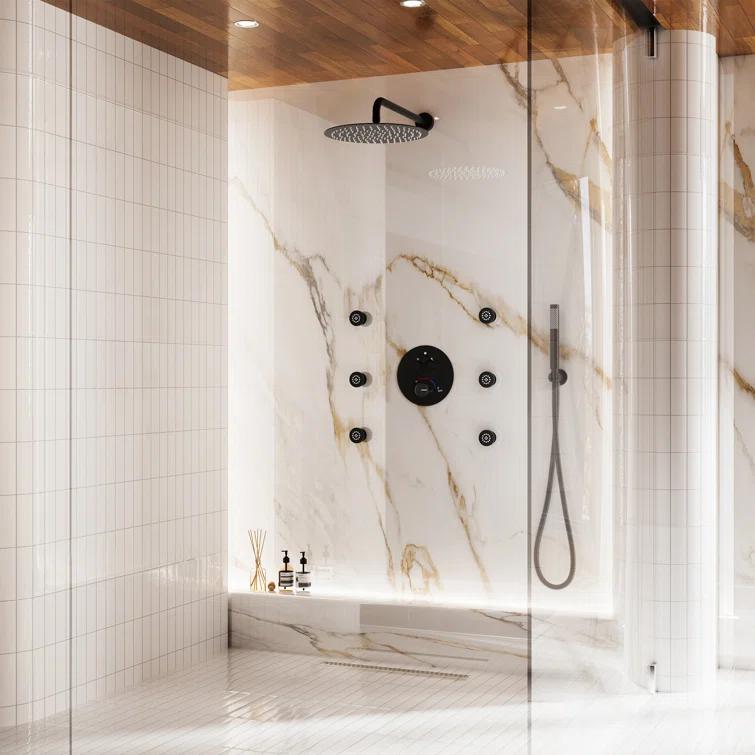 CASAINC Wall Mounted Thermostatic Complete Rainfall Shower System with 6 Body Jets and Rough-in Valve CS6823-12MB