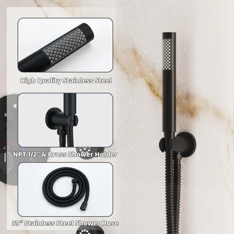 CASAINC Wall Mounted Thermostatic Complete Rainfall Shower System with 6 Body Jets and Rough-in Valve CS6823-12MB