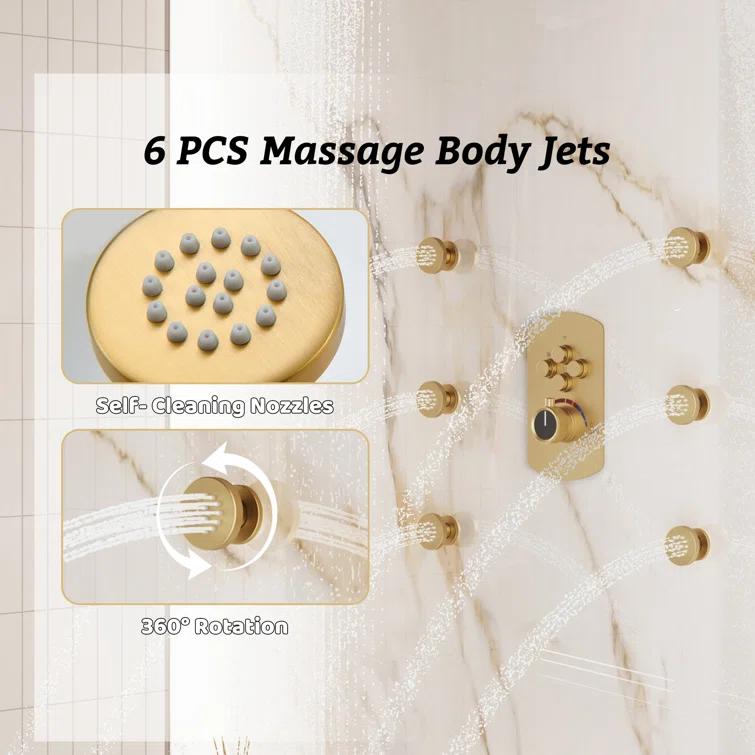 CASAINC 4-Function Wall Mounted Thermostatic Complete Shower System with 6 Body Jets and Rough-in Valve CS6855-22BG