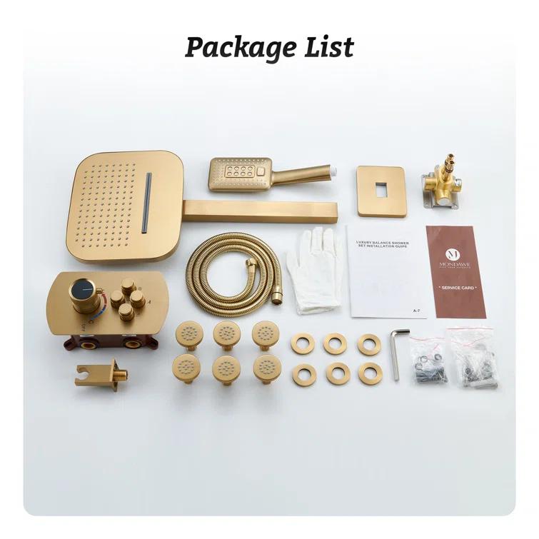 CASAINC 4-Function Wall Mounted Thermostatic Complete Shower System with 6 Body Jets and Rough-in Valve CS6855-22BG