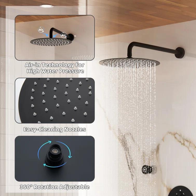 CASAINC Wall Mounted Thermostatic Complete Rainfall Shower System with 6 Body Jets and Rough-in Valve CS6823-12MB