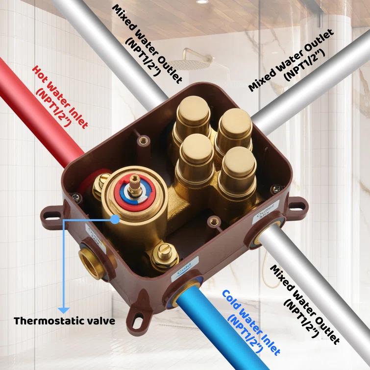 CASAINC 4-Function Wall Mounted Thermostatic Complete Shower System with 6 Body Jets and Rough-in Valve CS6855-22BG