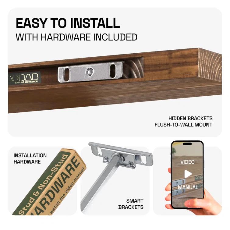 Baobab Workshop Solid Wood Floating Shelves, Wooden Shelves for Wall (Set of 2)