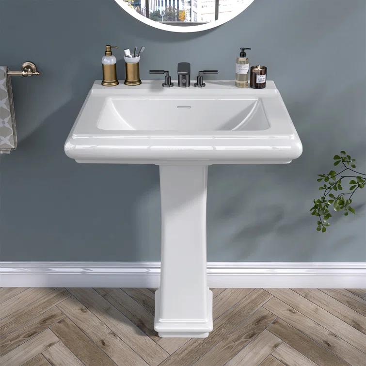 Ogonbrick 26'' Vitreous China Rectangular Bathroom Pedestal Sink with with 3 Faucet Holes at 4" Centers and Overflow in White