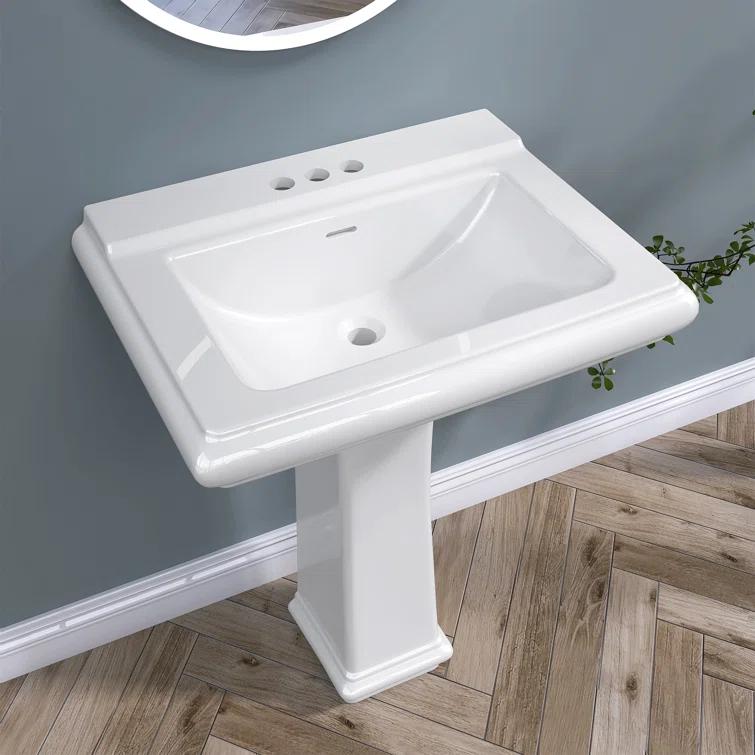 Ogonbrick 26'' Vitreous China Rectangular Bathroom Pedestal Sink with with 3 Faucet Holes at 4" Centers and Overflow in White