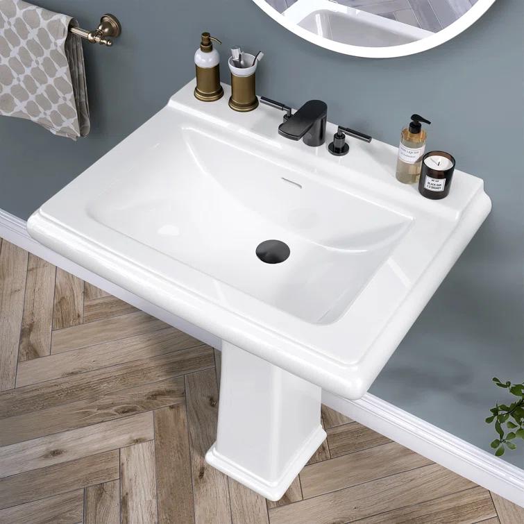 Ogonbrick 26'' Vitreous China Rectangular Bathroom Pedestal Sink with with 3 Faucet Holes at 4" Centers and Overflow in White