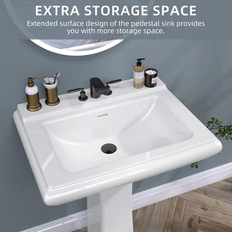 Ogonbrick 26'' Vitreous China Rectangular Bathroom Pedestal Sink with with 3 Faucet Holes at 4" Centers and Overflow in White