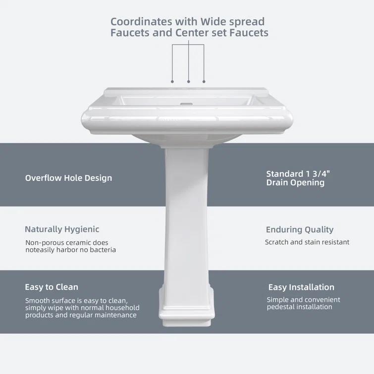 Ogonbrick 26'' Vitreous China Rectangular Bathroom Pedestal Sink with with 3 Faucet Holes at 4" Centers and Overflow in White