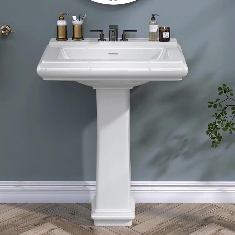 Ogonbrick 26'' Vitreous China Rectangular Bathroom Pedestal Sink with with 3 Faucet Holes at 4" Centers and Overflow in White