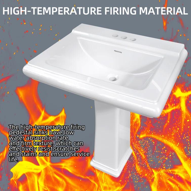 Ogonbrick 26'' Vitreous China Rectangular Bathroom Pedestal Sink with with 3 Faucet Holes at 4" Centers and Overflow in White