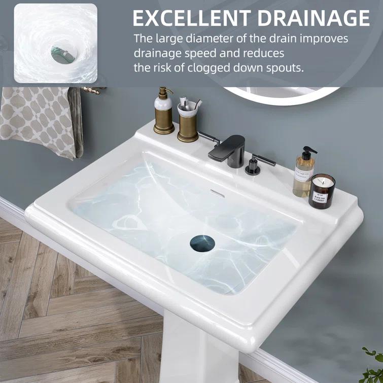Ogonbrick 26'' Vitreous China Rectangular Bathroom Pedestal Sink with with 3 Faucet Holes at 4" Centers and Overflow in White