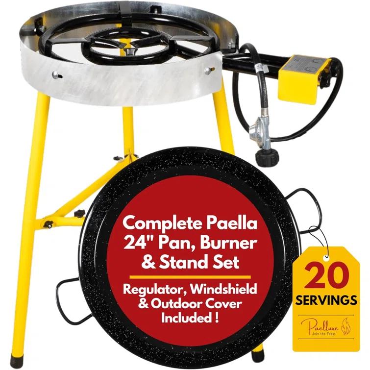 Paelluxe Paella Burner and Stand Set 20 Servings, 24 Inch Paella Pan, Dual Propane Outdoor Stove with Stand & Regulator, Portable Gas Cooker for Camping Crawfish Boil Cooking Outdoor, Paellera Propano