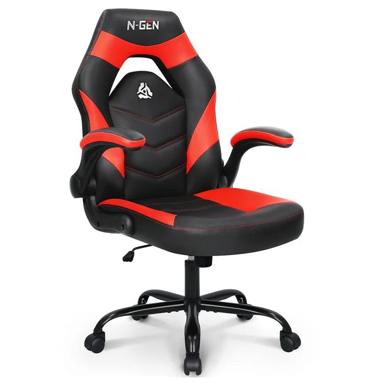 N-GEN Adjustable Ergonomic Faux Leather Swiveling PC & Racing Game Office Desk Chair with Flip-Up Arms