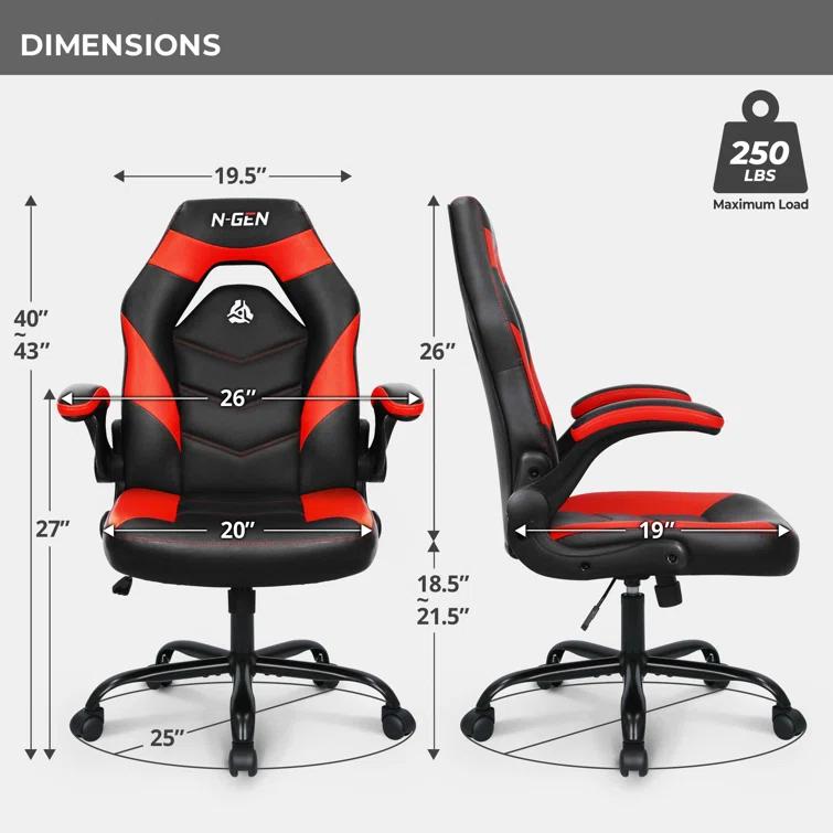 N-GEN Adjustable Ergonomic Faux Leather Swiveling PC & Racing Game Office Desk Chair with Flip-Up Arms