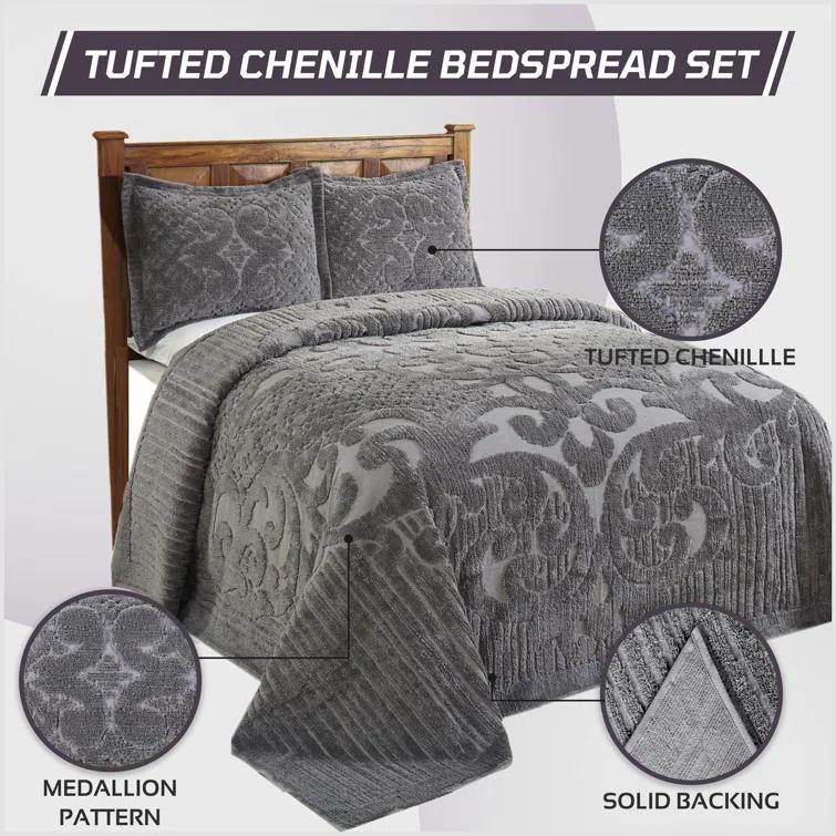 Better Trends Ashton Collection Chenille Bedspread Set, 100% Cotton Machine Washable Bedding Set, Soft & Breathable Medallion Design Coverlet with Sham, Luxurious All Season Comfort