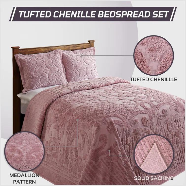 Better Trends Ashton Collection Chenille Bedspread Set, 100% Cotton Machine Washable Bedding Set, Soft & Breathable Medallion Design Coverlet with Sham, Luxurious All Season Comfort