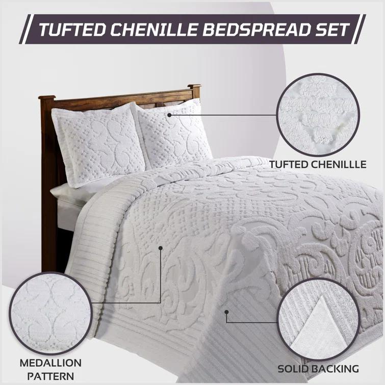Better Trends Ashton Collection Chenille Bedspread Set, 100% Cotton Machine Washable Bedding Set, Soft & Breathable Medallion Design Coverlet with Sham, Luxurious All Season Comfort