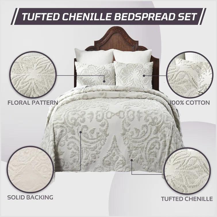 100% Cotton 3 Piece Chenille Bedspreads & Coverlet, Machine Washable Bedding Sets (Set of 3)