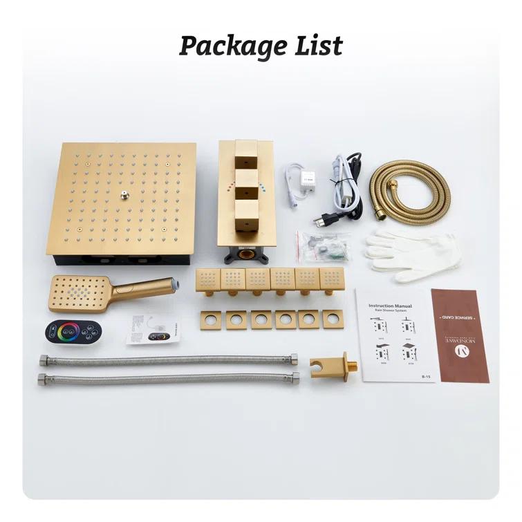 12" Flush Mounted Luxury Thermostatic Rainfall Shower System with LED and 6 Body Jets