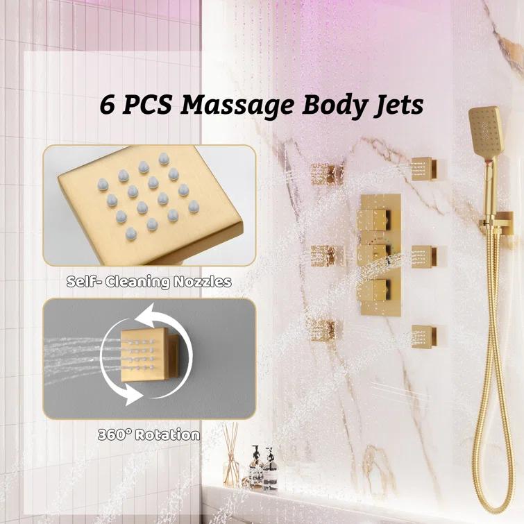 12" Flush Mounted Luxury Thermostatic Rainfall Shower System with LED and 6 Body Jets