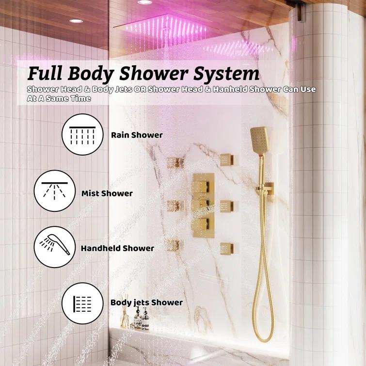 12" Flush Mounted Luxury Thermostatic Rainfall Shower System with LED and 6 Body Jets