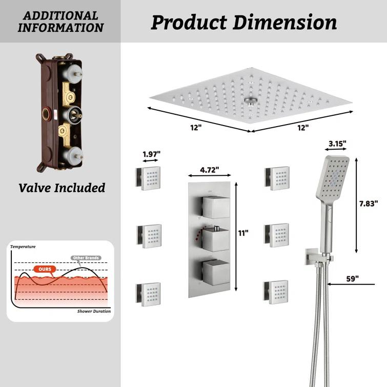 12" Flush Mounted Luxury Thermostatic Rainfall Shower System with LED and 6 Body Jets