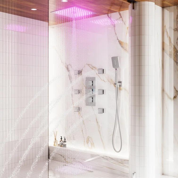 12" Flush Mounted Luxury Thermostatic Rainfall Shower System with LED and 6 Body Jets
