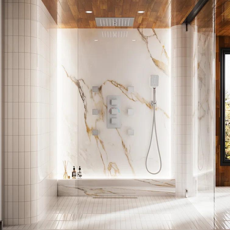 12" Flush Mounted Luxury Thermostatic Rainfall Shower System with LED and 6 Body Jets