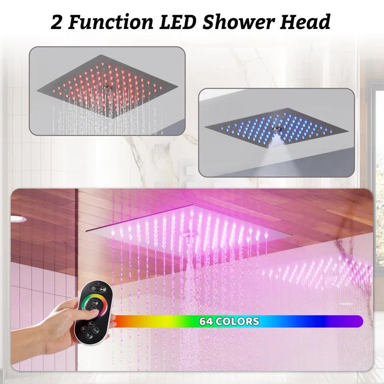 12" Flush Mounted Luxury Thermostatic Rainfall Shower System with LED and 6 Body Jets